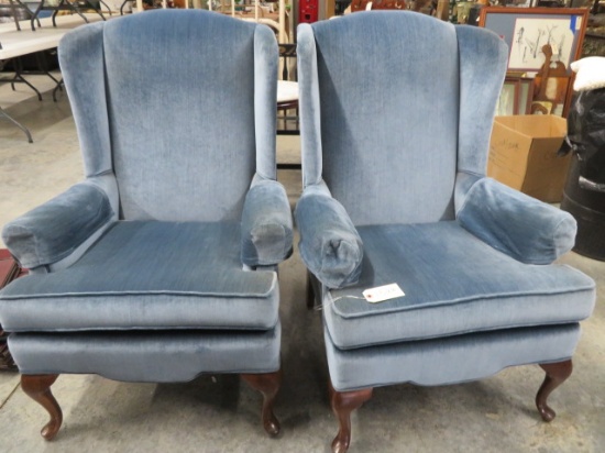 PAIR OF BLUE WING BACK CHAIRS BY SMITH NOVELTY CO.