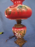 BEAUTIFUL HAND PAINTED OIL LAMP CONVERTED TO ELECTRIC  24