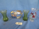 STAINED GLASS BOWL & MISC,. VASES