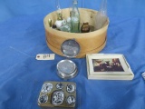 MISC. BOTTLES, SMALL OIL LAMPS, COASTERS, MISC.