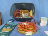 LOT OF DROP CORDS, MISC. TOOLS, SAND PADS, BULBS