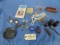 MISC. LOT OF POCKET KNIVES, EYEGLASSES, MEDICINE BOTTLES, EXXON MAP, MISC  JEWELRY