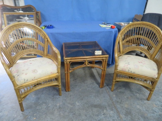 RATTAN SET- 2 CHAIRS & GLASS TOP TABLE