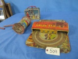 3 PCS. VINTAGE LUNCH BOX W/ NO THERMOS, METAL UNION TRAIN STATION PC, AND MUSICAL PUSH TOY- SEE PIC