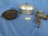 CAST IRON FRYING PAN, FOOD CHOPPER, COOK POT