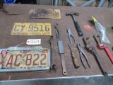 MIXED LOT OF OLD TOOLS- FORD WRENCH, OLD LICENSE TAGS