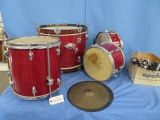 4 PC DRUM SET BY JEWEL- W/ CYMBALS, 2 DRUMS HAVE DAMAGE- SEE PHOTO