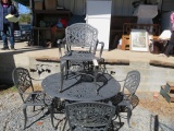 CAST METAL UMBRELLA  TABLE & 6 CHAIRS