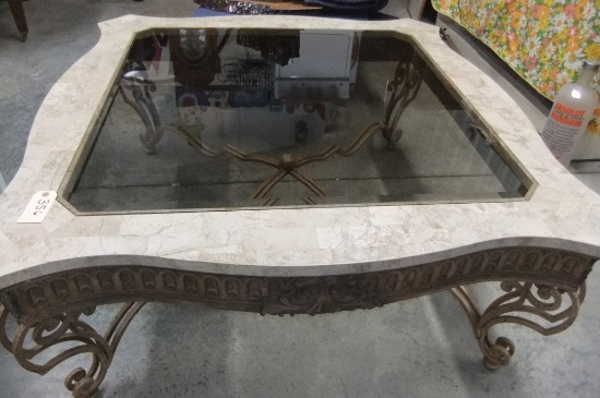 BEVELED GLASS TOP METAL COFFEE TABLE  43 X 43