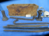 OLD WOODEN BOX W/ OLD TOOLS- CROWBARS, LUG WRENCHES, JACK, NELSON SPRINKLER
