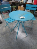 BLUE METAL TABLE & 2 CHAIRS  -TABLE IS 23 X 28