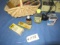 OLD CELLULOID CLOCK RADIO, OLD MEDICINE BOTTLES, RAZORS, ADVERTISEMENTS IN BASKET