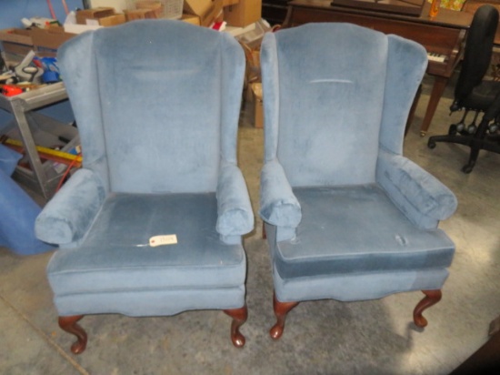 PAIR OF BLUE WING BACK CHAIRS