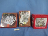 GORHAM GLASS PLATTER ,SNOWMAN CHIP & DIP PC & LIGHTED CHRISTMAS VILLAGE PC