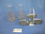 2 MID CENTURY ETCHED PITCHERS AND METAL 3 TIER SERVING TRAY