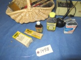 OLD CELLULOID CLOCK RADIO, OLD MEDICINE BOTTLES, RAZORS, ADVERTISEMENTS IN BASKET