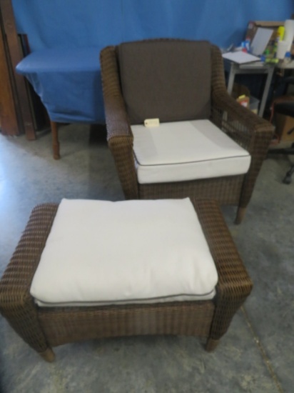 BROWN OUTDOOR WICKER CHAIR W/ MATCHING OTTOMAN AND CUSHIONS BY HAMPTON BAY