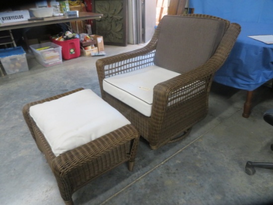 OUTDOOR WICKER GLIDER W/ MATCHING OTTOMAN BY HAMPTON BAY - WITH CUSHIONS