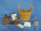 MISC. LOT OF WOODEN BUCKET, COW BELLS, SIFTER, BUTTER MOLD, ETC.