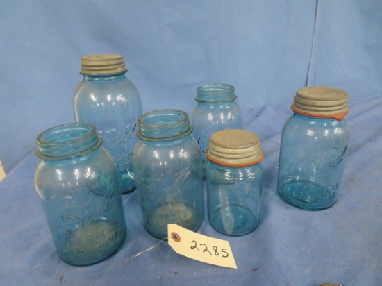 6 OLD BLUE JARS  SOME W/ zinc LIDS