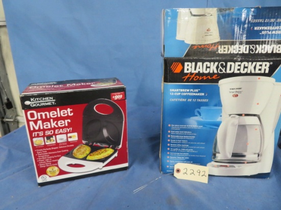 BLACK & DECKER NEW IN BOX COFFEE MAKER AND NEW IN BOX OMLET MAKER BY KITCHEN GOURMET