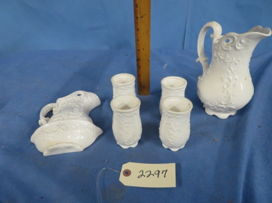 NATIONAL POTTERIES COL. PITCHER W/ CUPS & WALL SCONCE