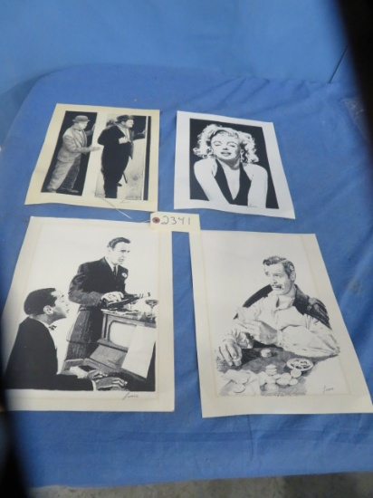4 UNFRAMED PRINTS BY LANSE- LAUREL & HARDY, HUMPHREY BOGART, MARILYN MONROE & CLARK GABLE