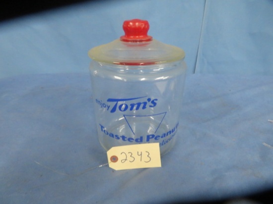TOM PEANUTS GLASS JAR W/ LID  10" T
