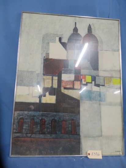FRAMED PRINT SIGNED BY GISOLA '66- 30 X 40- BROKEN GLASS AT BOTTOM