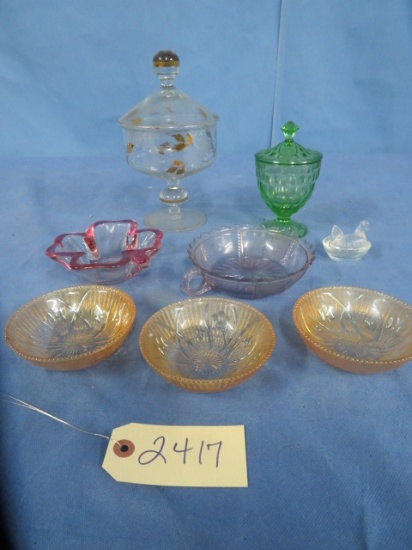 MISC. GLASS- IRIS & HERRINGBONE PC, GREEN DEPRESSION PC, CANDY DISH