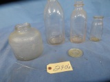 3 UNMARKED MILK BOTTLES & SNOW DRIFT GLASS JAR