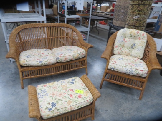 3 PC. SET BROWN WICKER LOVESEAT, CHAIR & OTTOMAN