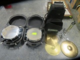 2 EVANS DRUMS W/ STAND, CYMBALS  AND  LUDWIG BAG & MISC.