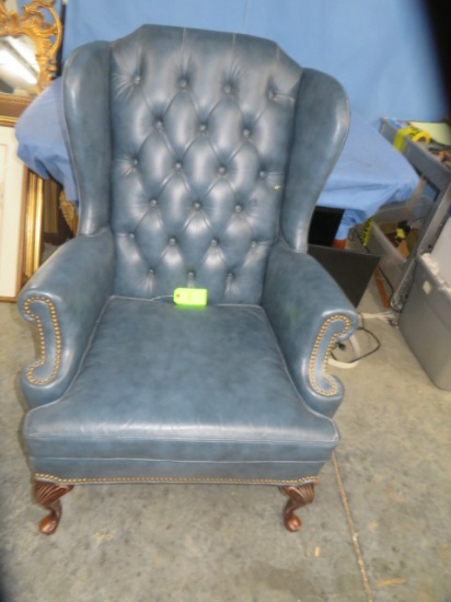 BLUE LEATHER WING BACK CHAIR BY LEATHER CRAFT