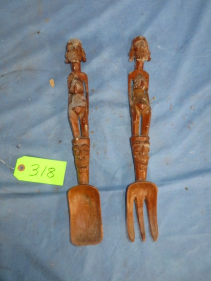 AFRICAN CARVED WOODEN SPOON & FORK  16" LONG