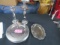 12 SILVER PLATES, 2 CANDLE HOLDERS, SILVER PLATED TRAY