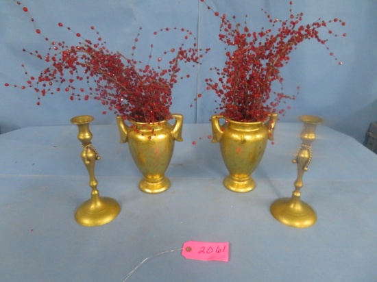 2 GOLD VASES & CANDLE HOLDERS