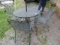 WROUGHT IRON PATIO TABLE WITH 4 CHAIRS, UMBRELLA STAND AND UMBRELLA
