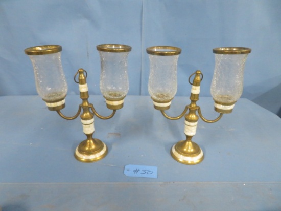 PAIR OF BEAUTIFUL MARBLE & BRASS CANDLE HOLDERS  13" T