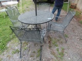 WROUGHT IRON PATIO TABLE WITH 4 CHAIRS, UMBRELLA STAND AND UMBRELLA