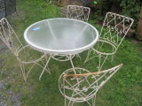 WROUGHT IRON GLASS TOP PATIO TABLE AND CHAIRS- NO CUSHIONS