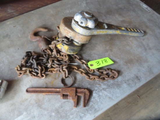 TAG IT HOIST WITH CHAIN AND OLD 9" WRENCH
