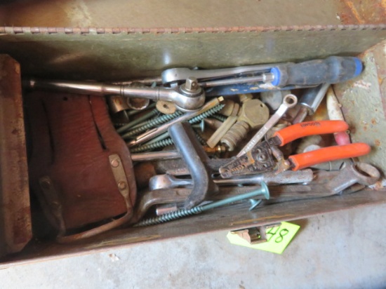 TOOL BOX FULL OF MISC. HAND TOOLS, SCREWS AND PARTS