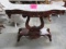 MARBLE TOP SOFA TABLE W/ LYRE BASE  40 X 18 X 20- MARBLE IS BROKEN ON ONE CORNER- CAN BE GLUED