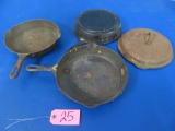 3 CAST IRON FRYING PANS W/ GRISWOLD LID