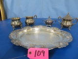 SILVER PLATED TRAY WITH SUGAR AND CREAMER AND PITCHERS