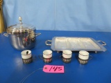 SILVER PLATED ICE BUCKET W/ LINER, SILVERPLATED SERVING TRAY AND DEMITASSE CUPS