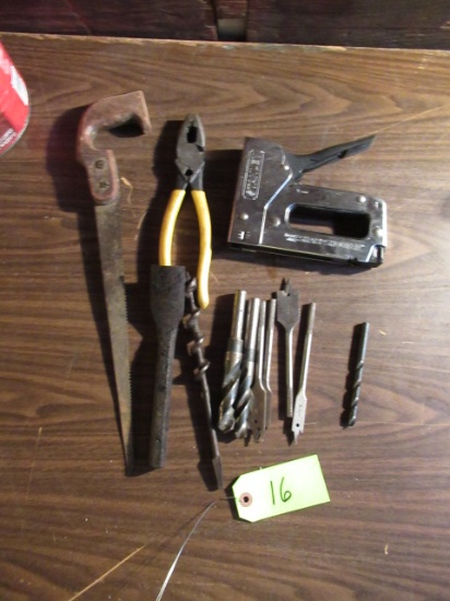 STAPLES, DRILL BITS,PLIERS, HAND SAW
