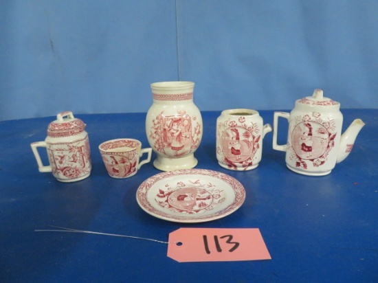 PINK AND WHITE TRANSFERWARE TEA SET- SOME SMALL CHIPS