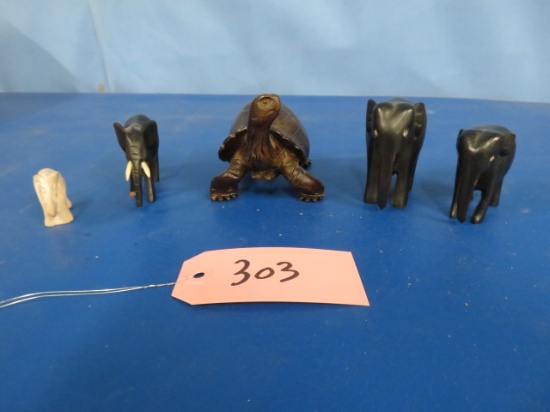 WOODEN FIGURINES AND MARBLE ELEPHANT